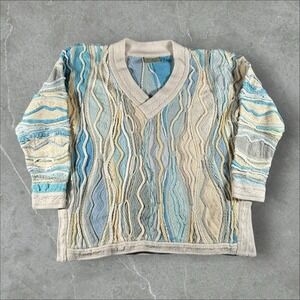 Vintage Coogi Sweater Mens Small Cream Blue 3D Knit Retro Biggie 90s V Neck Rare
